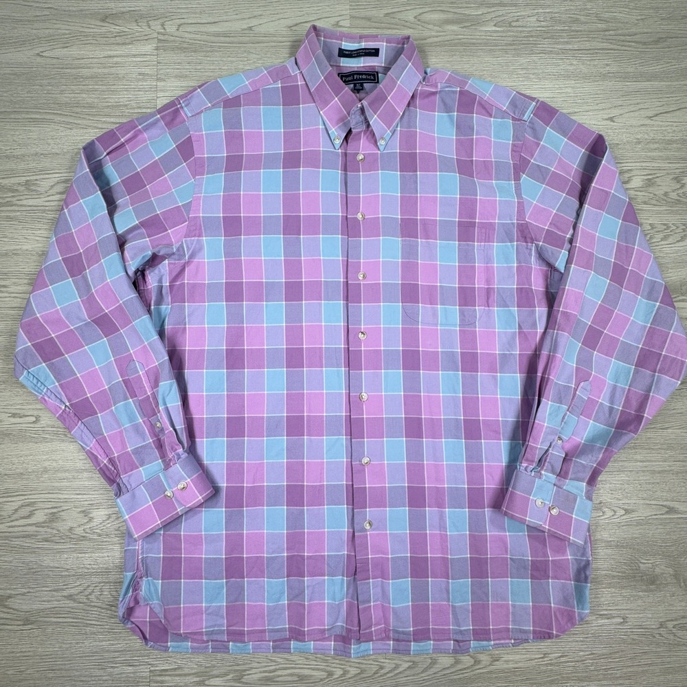 Paul Fredrick Mens Shirt XLT Purple Blue Plaid Long Sleeve Button Down Cotton